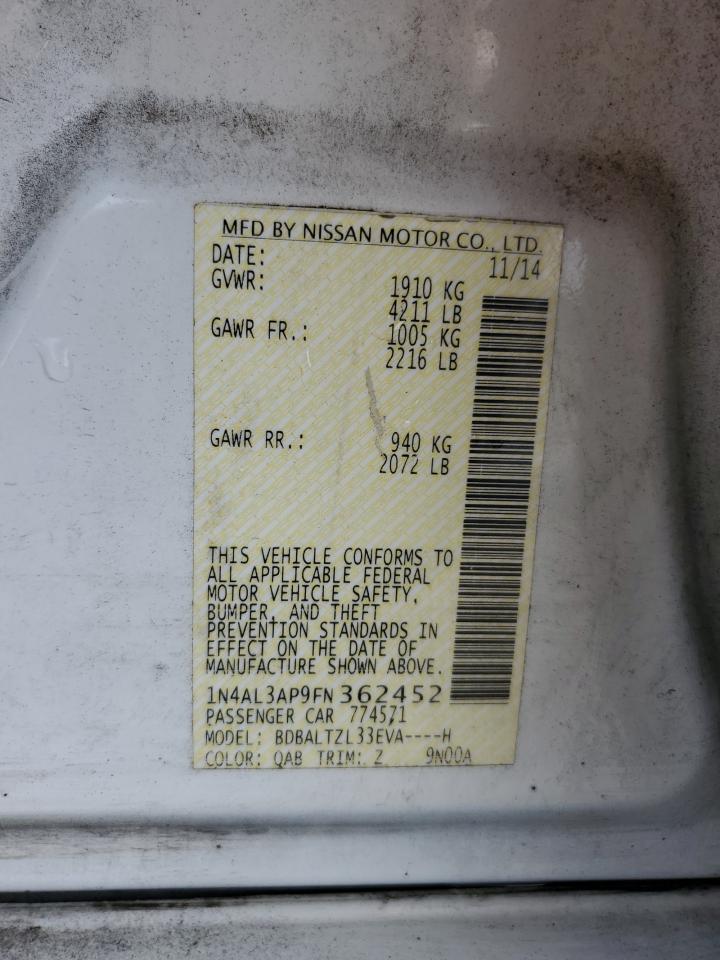 2015 Nissan Altima VIN 1N4AL3AP9FN362452 Copart auction photo, front end / side damage thumbnail 13