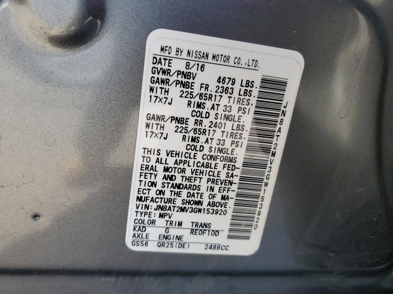 2016 Nissan Rogue VIN JN8AT2MV3GW153920 Copart auction photo, burn - engine / burn - interior damage thumbnail 13
