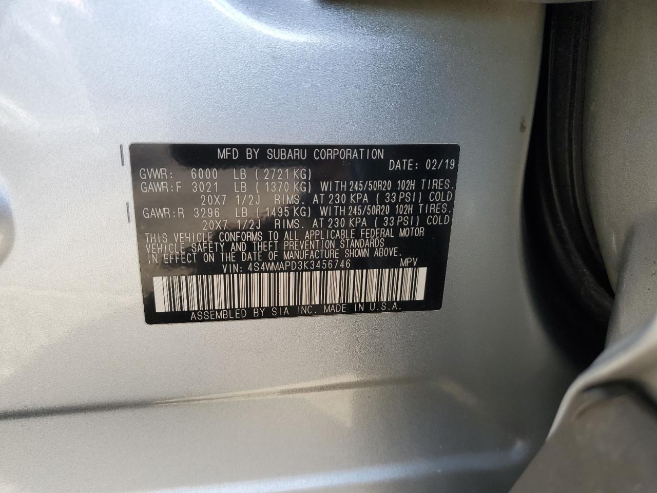 2019 Subaru Ascent VIN 4S4WMAPD3K3456746 Copart auction photo, front end / side damage thumbnail 12