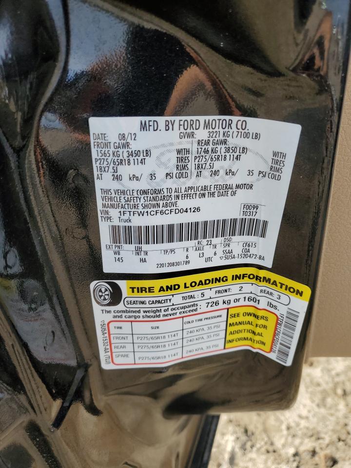 2012 Ford F-150 VIN 1FTFW1CF6CFD04126 Copart auction photo, all over damage thumbnail 14