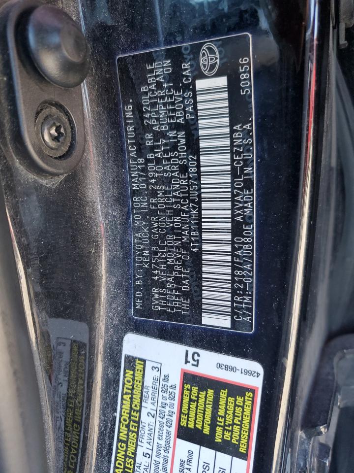 2018 Toyota Camry VIN 4T1B11HK7JU571802 Copart auction photo, front end damage thumbnail 14