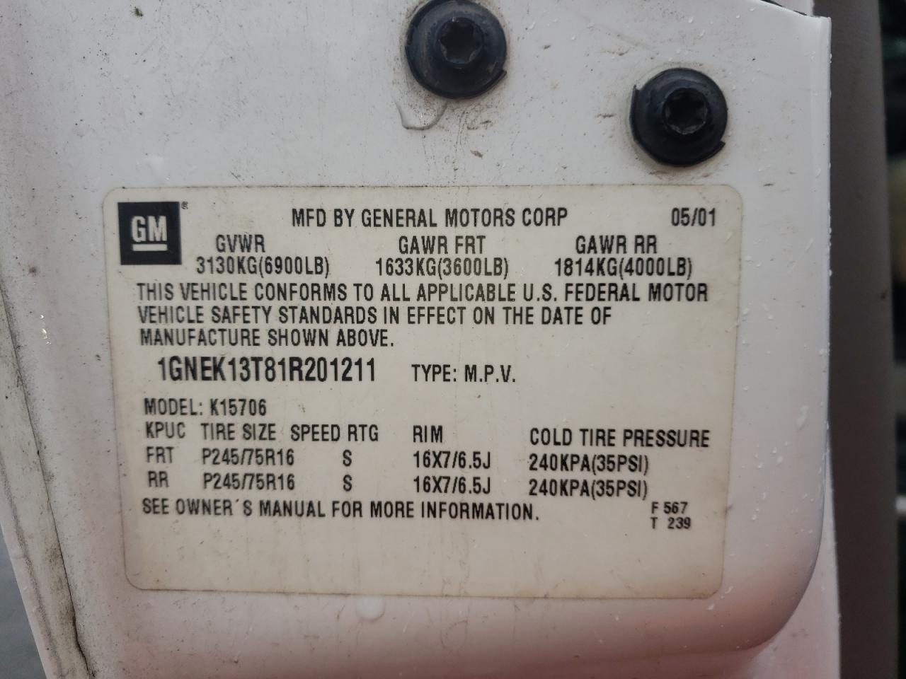2001 Chevrolet Tahoe VIN 1GNEK13T81R201211 Copart auction photo, front end damage thumbnail 10