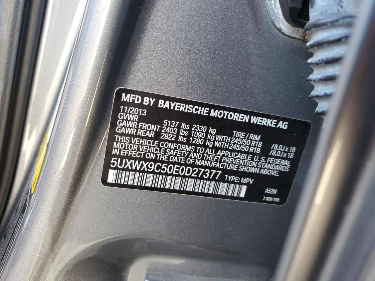 2014 BMW X3 VIN 5UXWX9C50E0D27377 Copart auction photo, front end / side damage thumbnail 16