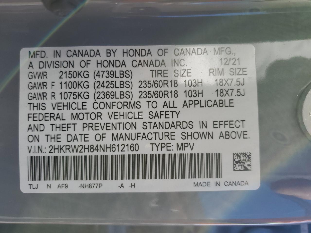2022 Honda CR-V VIN 2HKRW2H84NH612160 Copart auction photo, side / undercarriage damage thumbnail 15