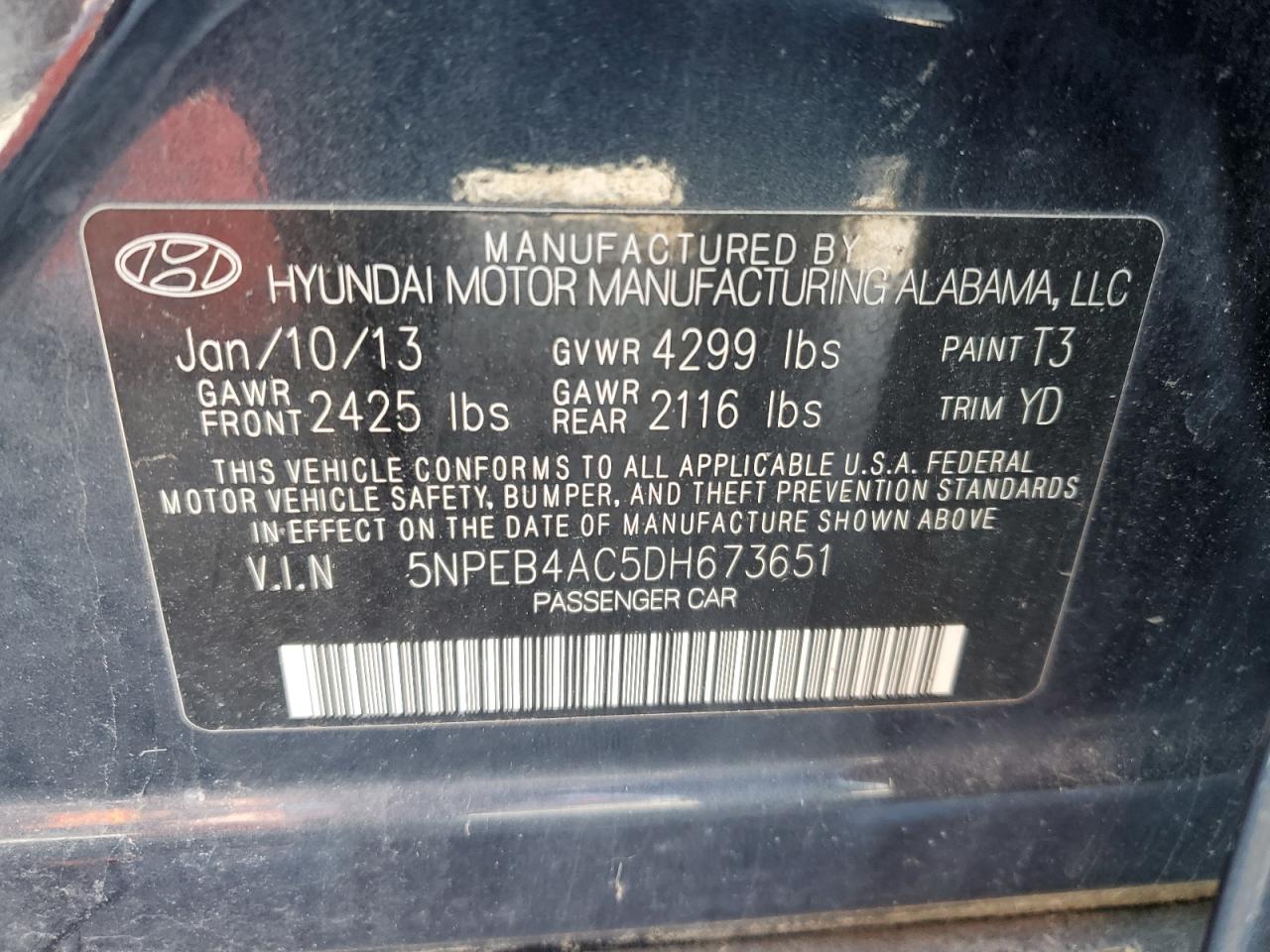 2013 Hyundai Sonata VIN 5NPEB4AC5DH673651 Copart auction photo, mechanical damage thumbnail 12