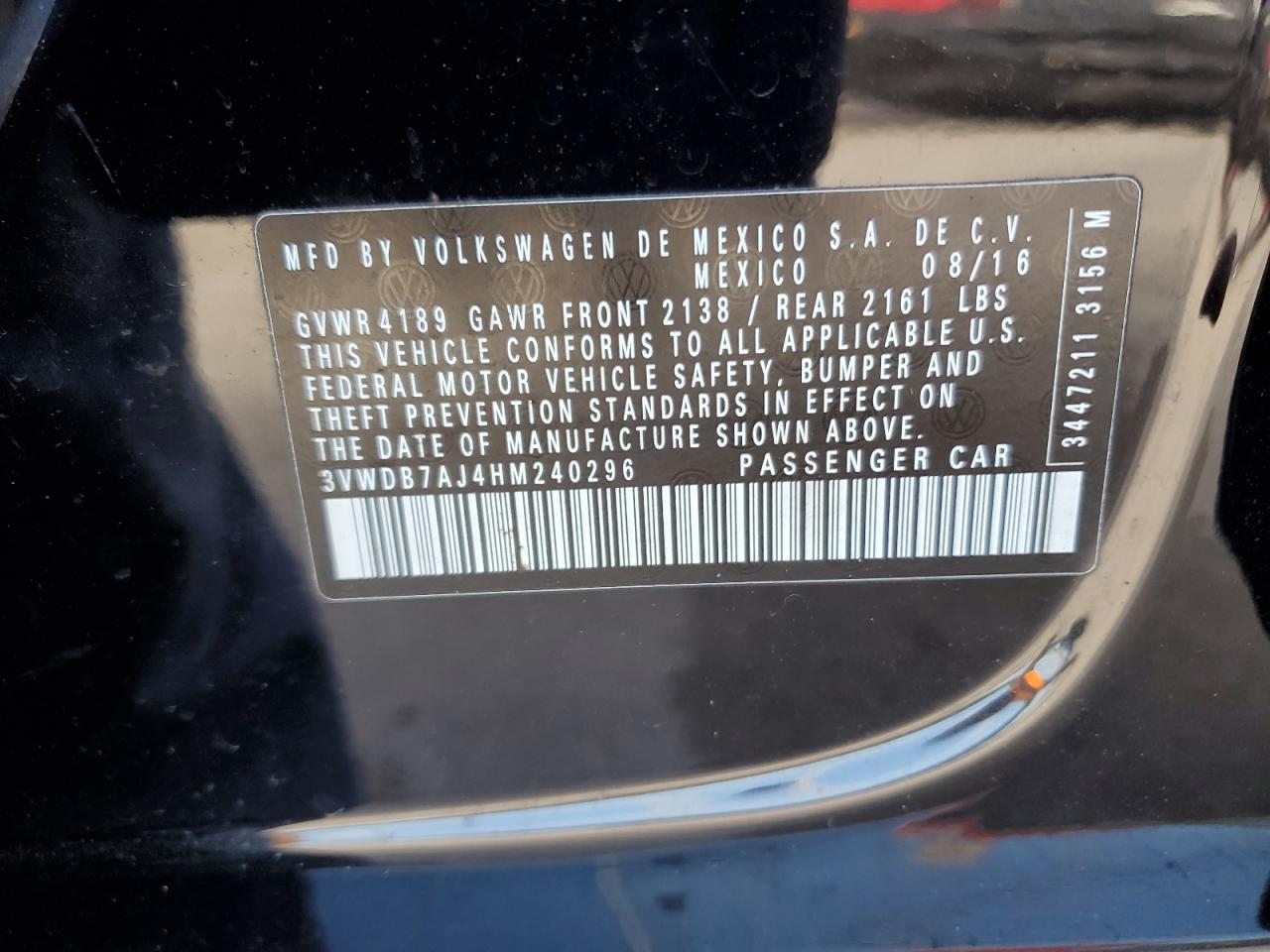 2017 Volkswagen Jetta VIN 3VWDB7AJ4HM240296 Copart auction photo, front end / side damage thumbnail 12