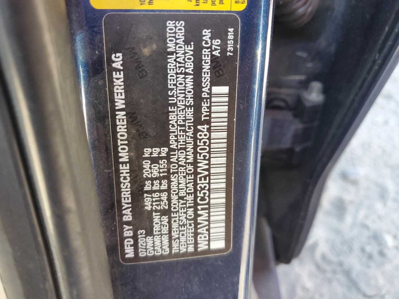 2014 BMW X1 VIN WBAVM1C53EVW50584 Copart auction photo, rear end damage thumbnail 13