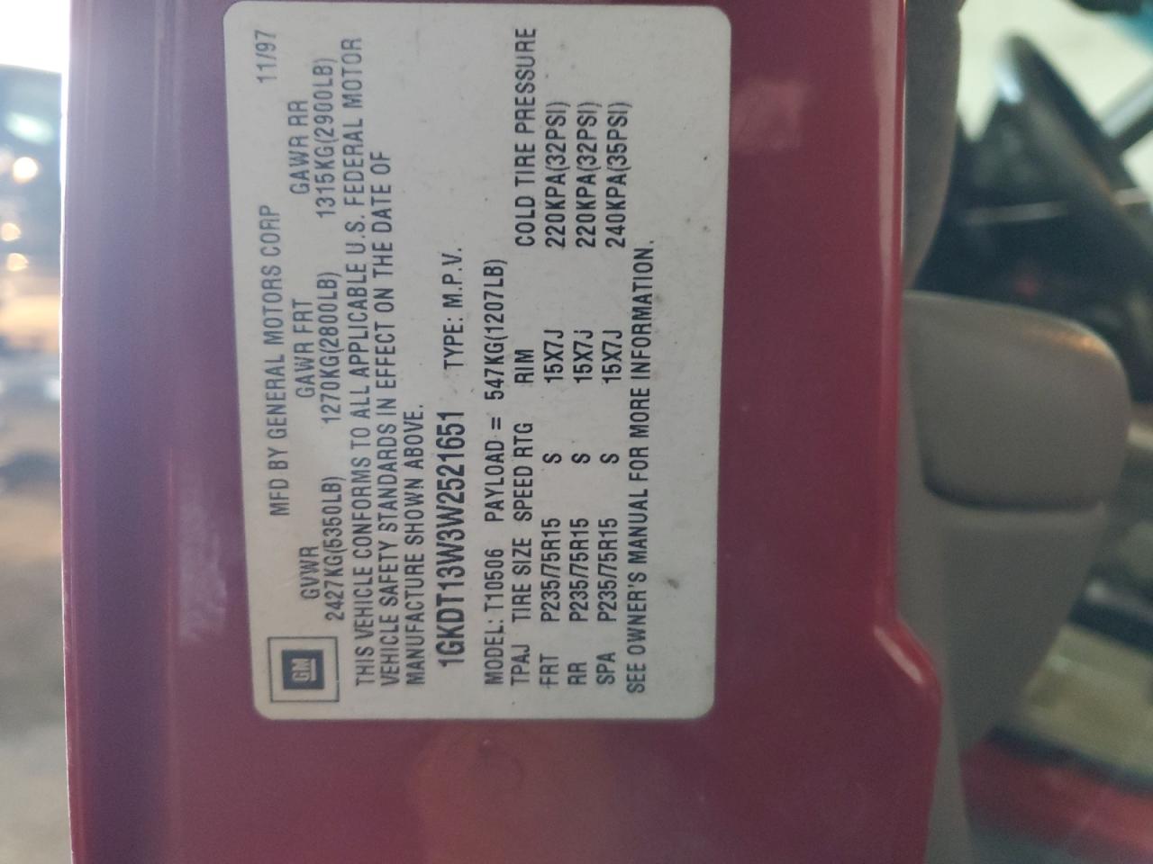 1998 GMC Jimmy VIN 1GKDT13W3W2521651 Copart auction photo, front end damage thumbnail 12