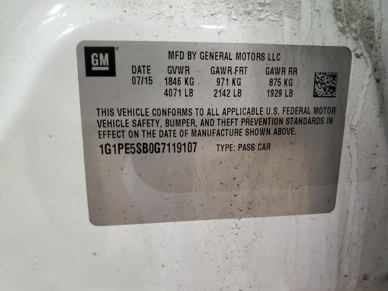 2016 Chevrolet Cruze VIN 1G1PE5SB0G7119107 Copart auction photo, front end / side damage thumbnail 13