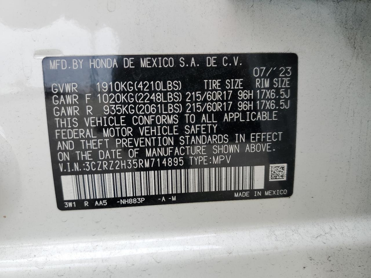 2024 Honda HR-V VIN 3CZRZ2H35RM714895 Copart auction photo, front end damage thumbnail 13