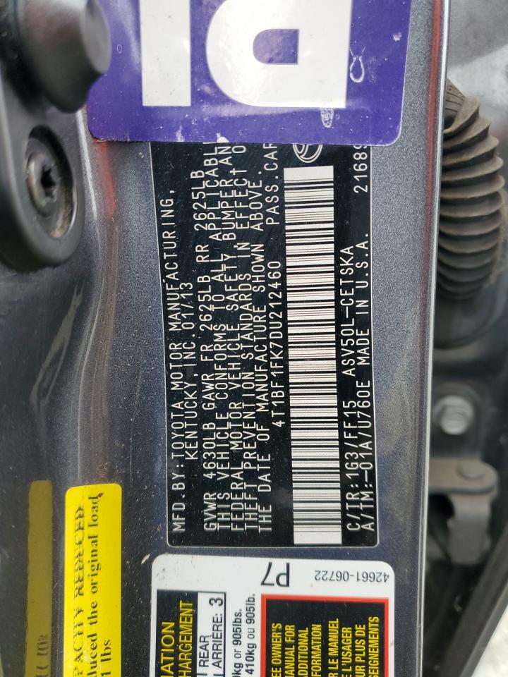 2013 Toyota Camry VIN 4T1BF1FK7DU212460 Copart auction photo, all over damage thumbnail 12