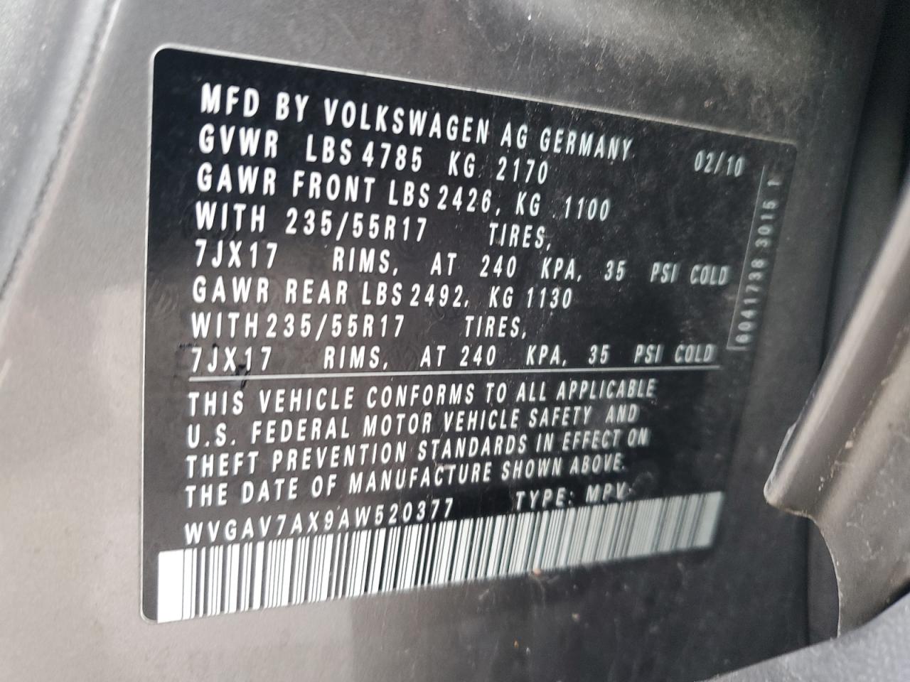 2010 Volkswagen Tiguan VIN WVGAV7AX9AW520377 Copart auction photo, side damage thumbnail 12