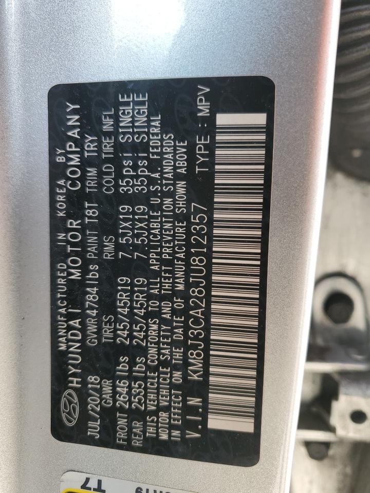 2018 Hyundai Tucson VIN KM8J3CA28JU812357 Copart auction photo, front end / side damage thumbnail 12