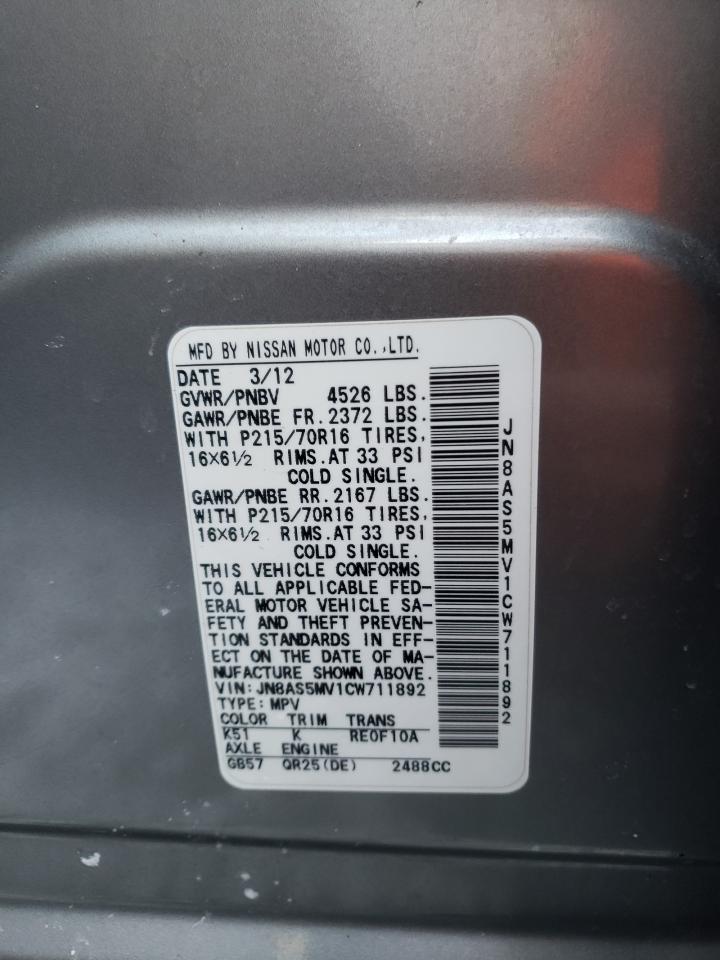 2012 Nissan Rogue VIN JN8AS5MV1CW711892 Copart auction photo, front end / side damage thumbnail 12