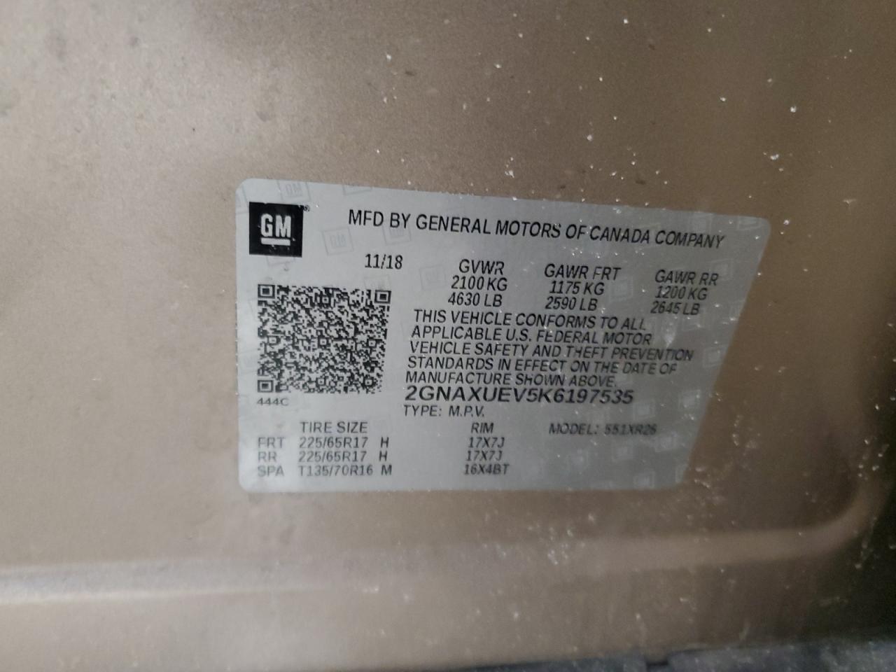 2019 Chevrolet Equinox VIN 2GNAXUEV5K6197535 Copart auction photo, rear end damage thumbnail 12