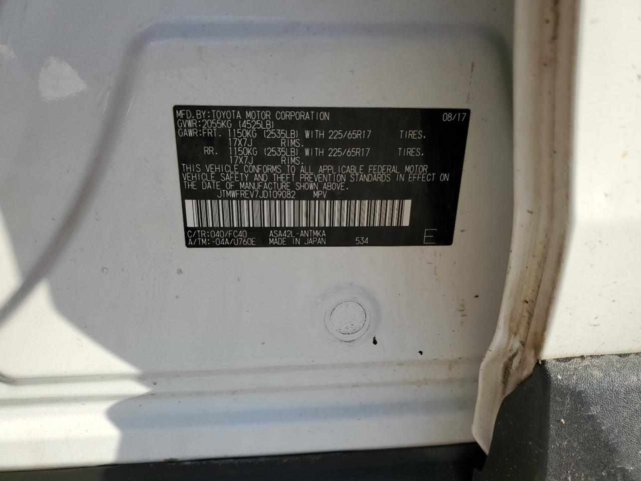 2018 Toyota RAV 4 VIN JTMWFREV7JD109082 Copart auction photo, rear end damage thumbnail 13