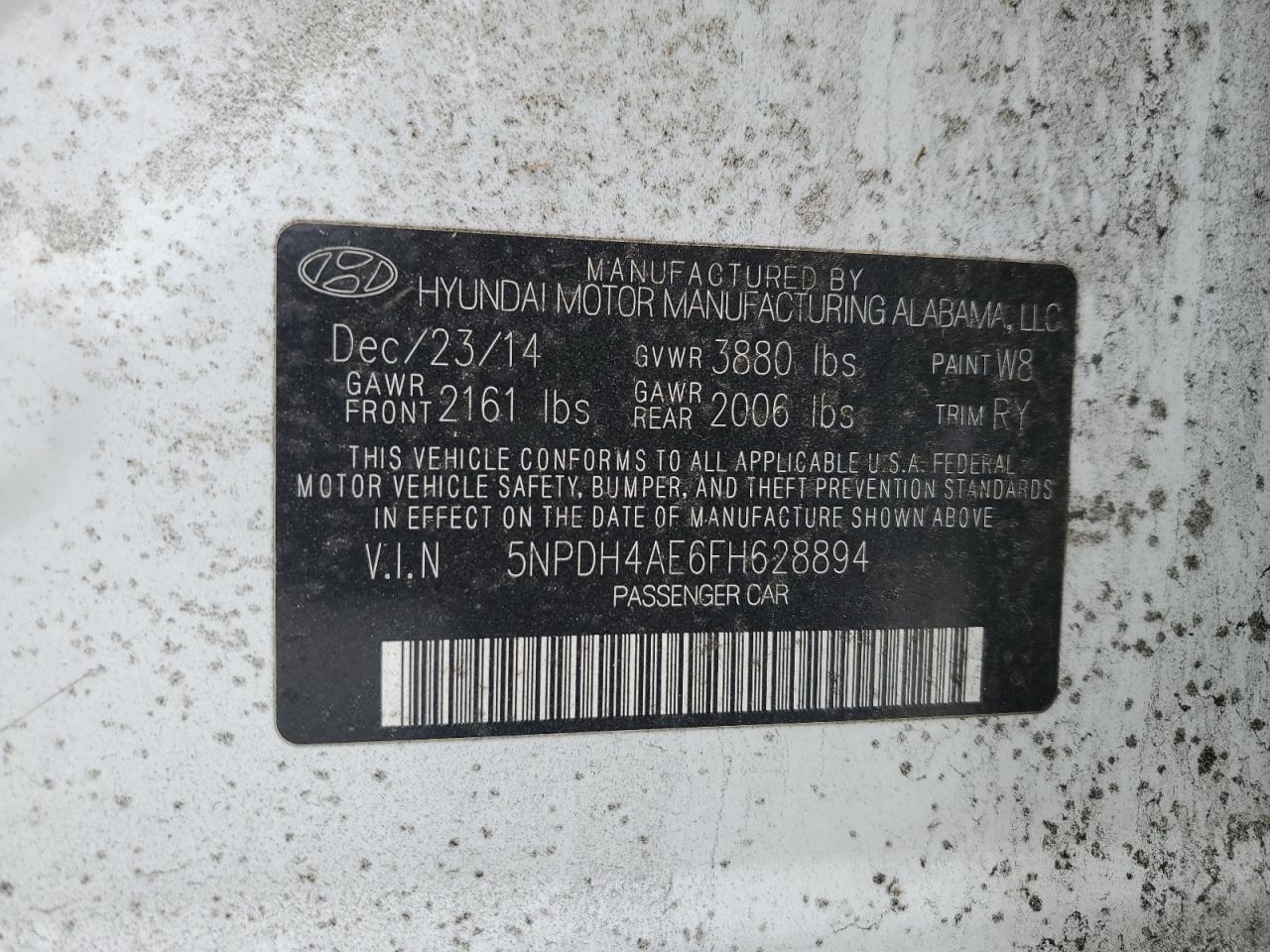 2015 Hyundai Elantra VIN 5NPDH4AE6FH628894 Copart auction photo, rear end / side damage thumbnail 12