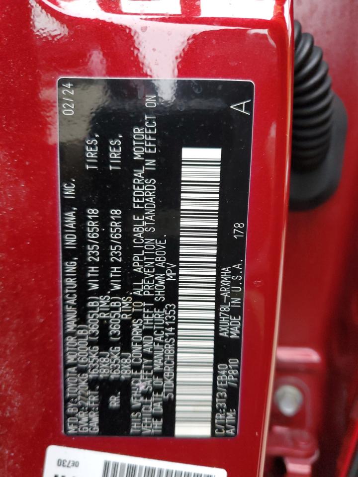 2024 Toyota Highlander VIN 5TDKBRCH8RS141353 Copart auction photo, all over / side damage thumbnail 14