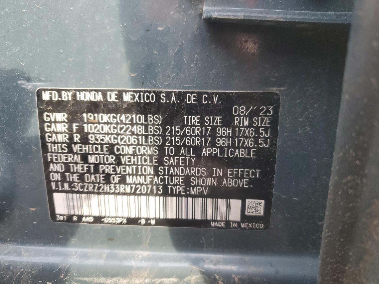 2024 Honda HR-V VIN 3CZRZ2H33RM720713 Copart auction photo, all over damage thumbnail 14