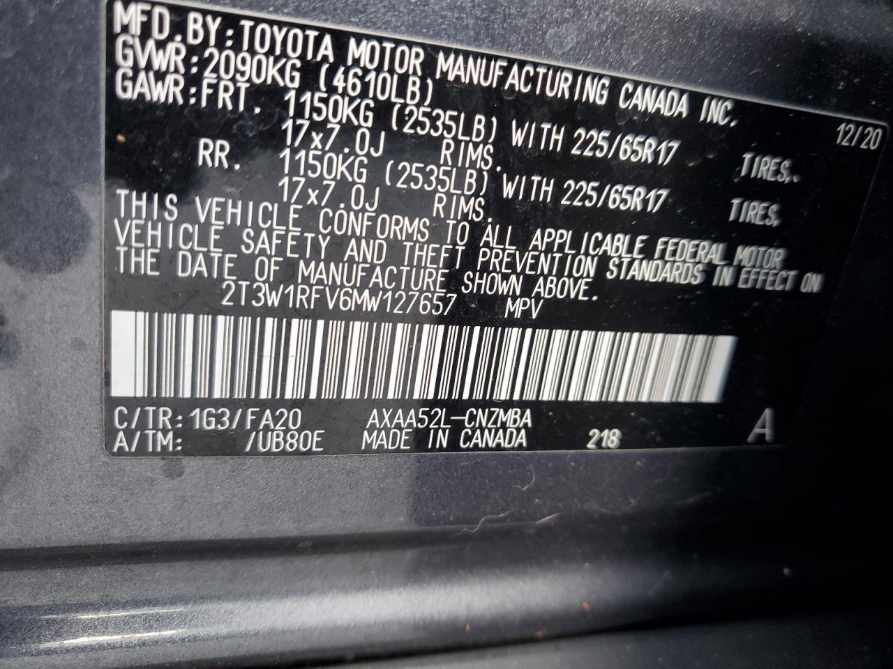 2021 Toyota RAV 4 VIN 2T3W1RFV6MW127657 Copart auction photo, front end damage thumbnail 14