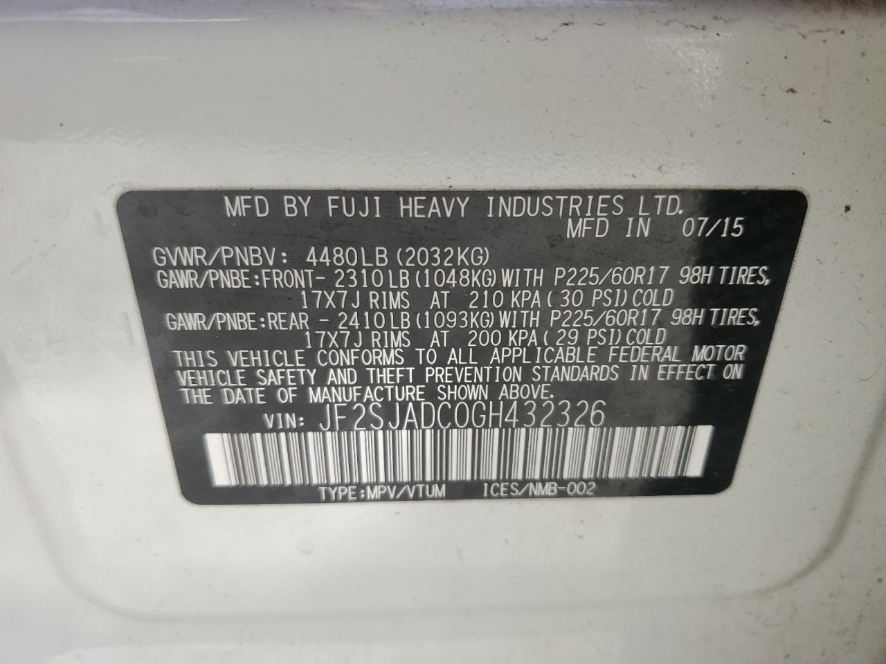 2016 Subaru Forester VIN JF2SJADC0GH432326 Copart auction photo, front end damage thumbnail 12