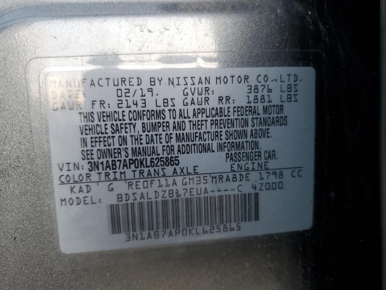 2019 Nissan Sentra VIN 3N1AB7AP0KL625865 Copart auction photo, vandalism damage thumbnail 12
