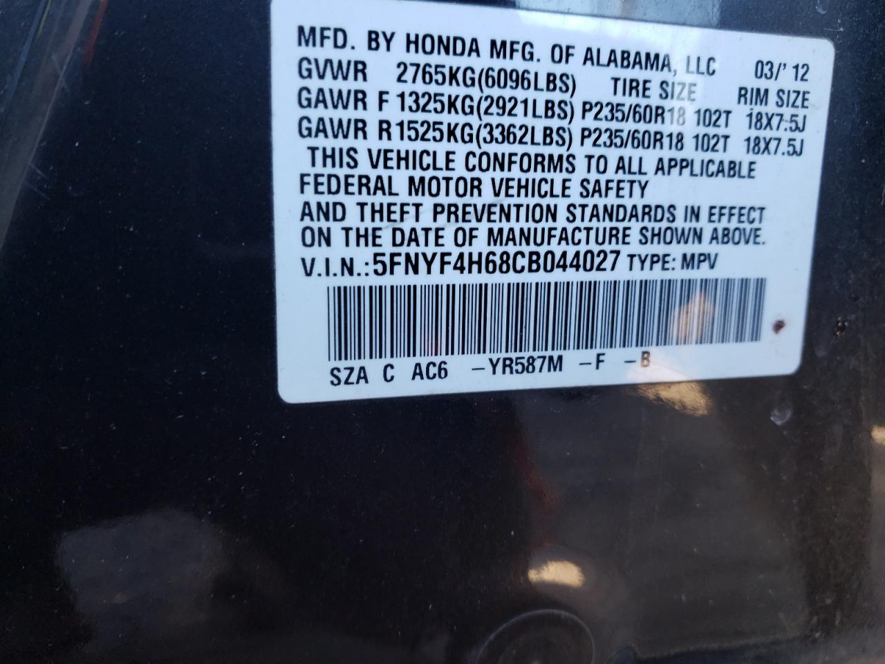 2012 Honda Pilot VIN 5FNYF4H68CB044027 Copart auction photo, front end damage thumbnail 15