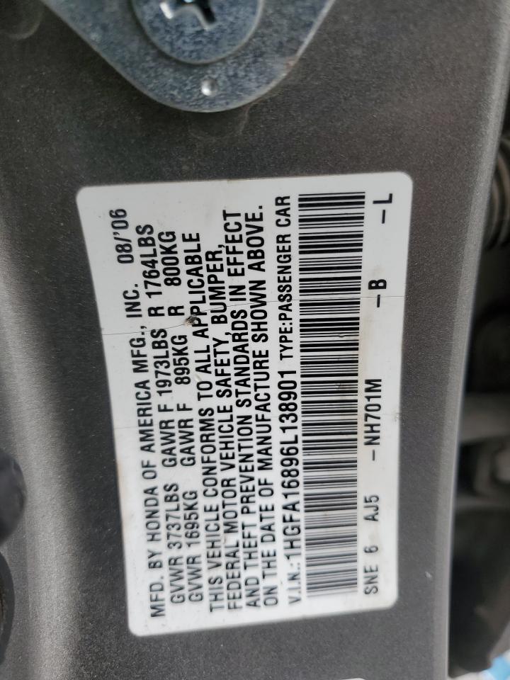 2006 Honda Civic VIN 1HGFA16896L138901 Copart auction photo, front end damage thumbnail 12