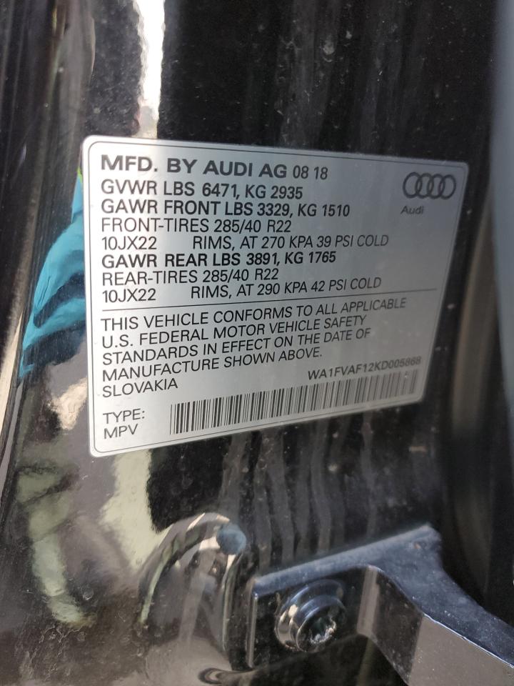 2019 Audi Q8 VIN WA1FVAF12KD005868 Copart auction photo, front end damage thumbnail 13