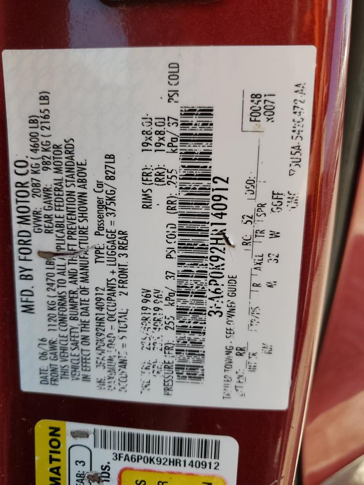 2017 Ford Fusion VIN 3FA6P0K92HR140912 Copart auction photo, rear end damage thumbnail 12