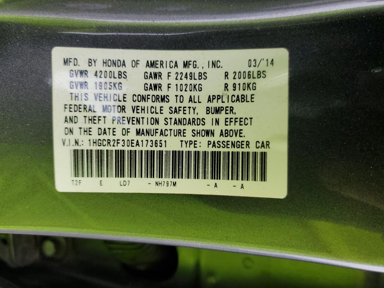 2014 Honda Accord VIN 1HGCR2F30EA173651 Copart auction photo, front end damage thumbnail 14