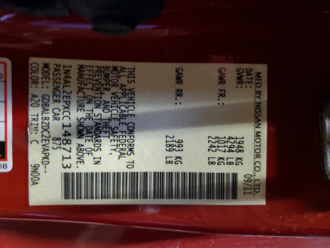 2012 Nissan Altima VIN 1N4AL2EPXCC148713 Copart auction photo, front end / minor dent/scratches damage thumbnail 12