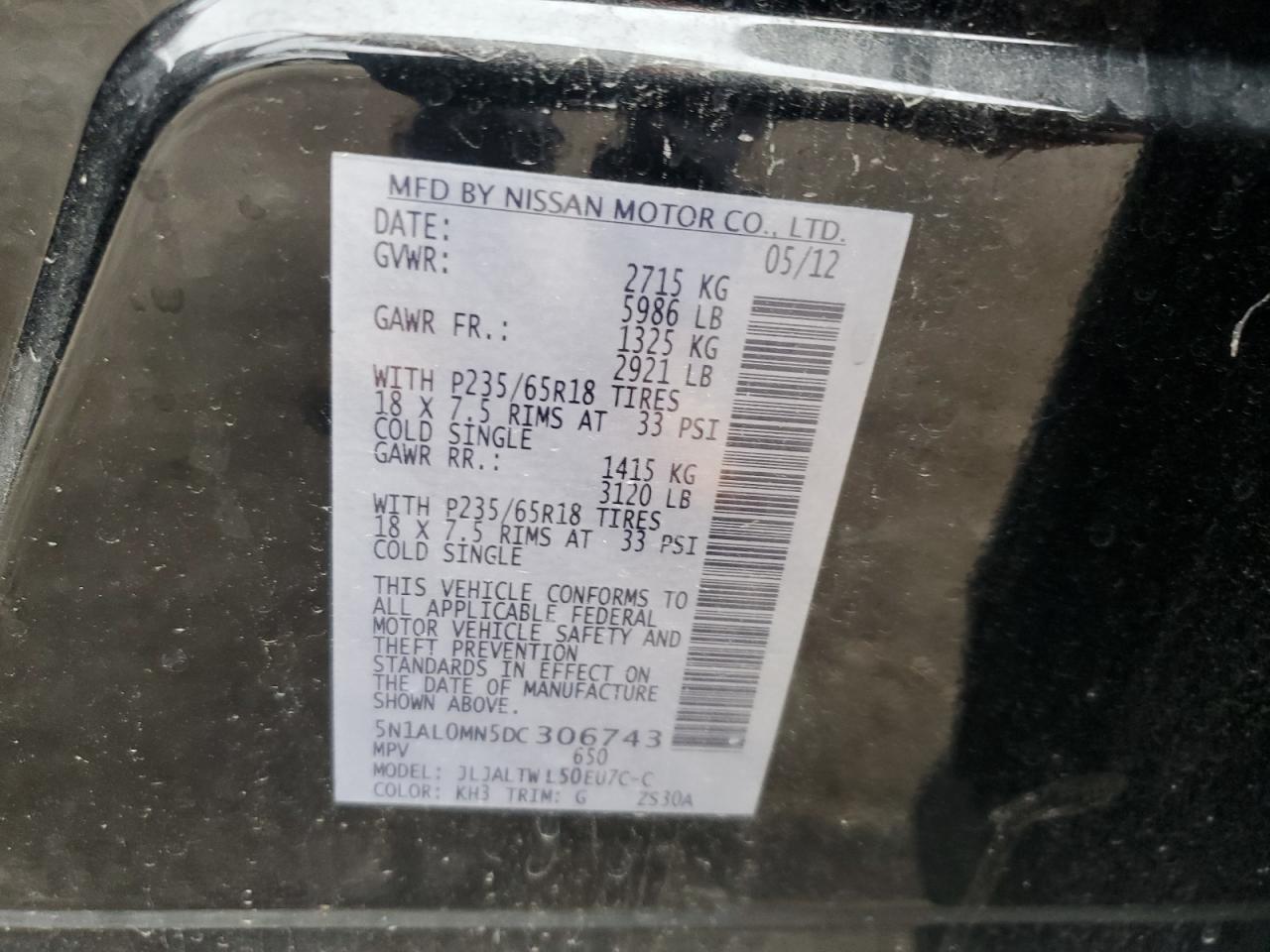 2013 Infiniti JX VIN 5N1AL0MN5DC306743 Copart auction photo, frame damage / rear end damage thumbnail 15