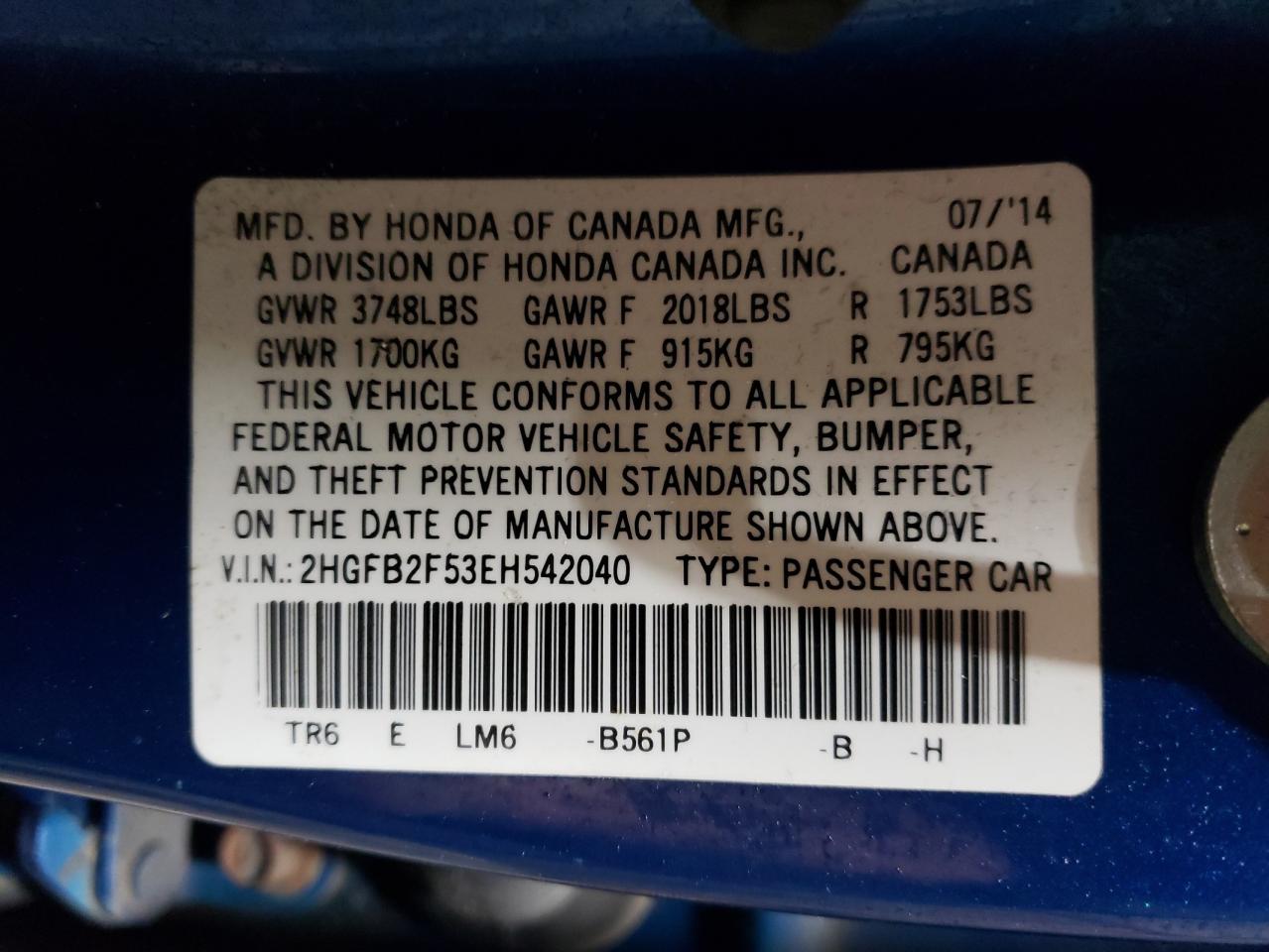 2014 Honda Civic VIN 2HGFB2F53EH542040 Copart auction photo, side damage thumbnail 12