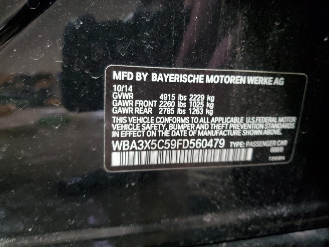 2015 BMW 3er VIN WBA3X5C59FD560479 Copart auction photo, rear end / minor dent/scratches damage thumbnail 12