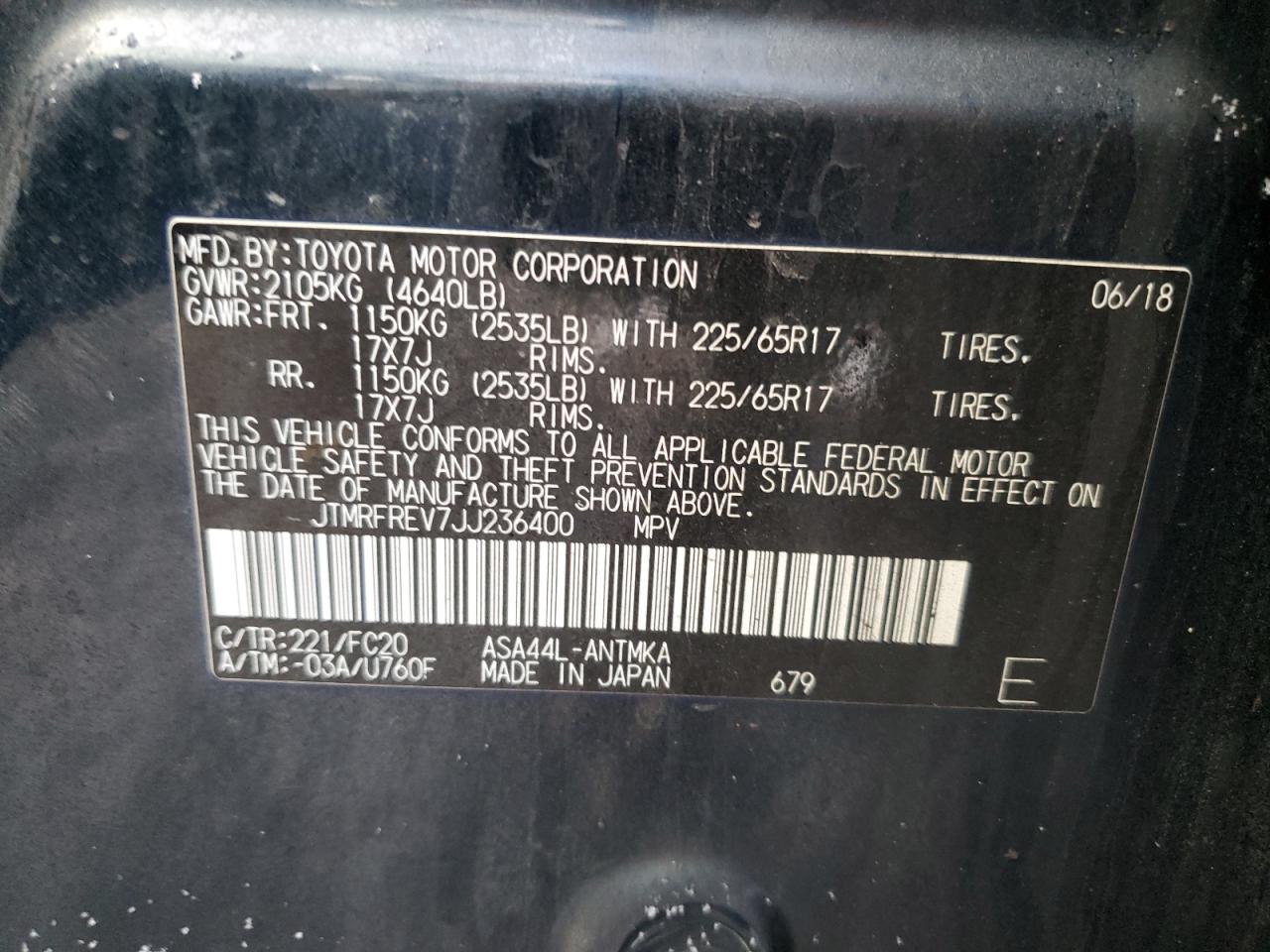 2018 Toyota RAV 4 VIN JTMRFREV7JJ236400 Copart auction photo, all over / undercarriage damage thumbnail 14