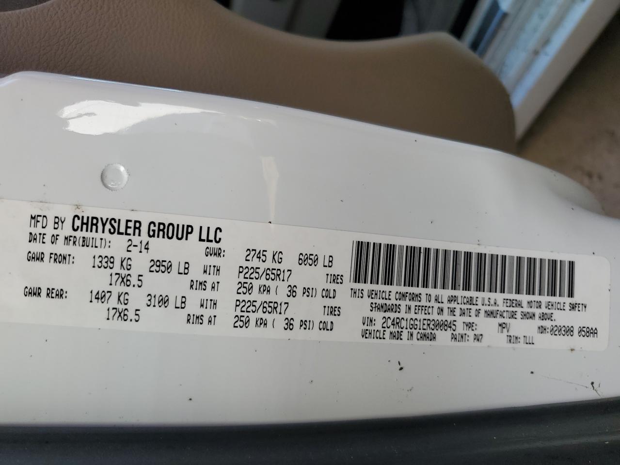 2014 Chrysler Town & Country VIN 2C4RC1GG1ER300845 Copart auction photo, water/flood damage thumbnail 14