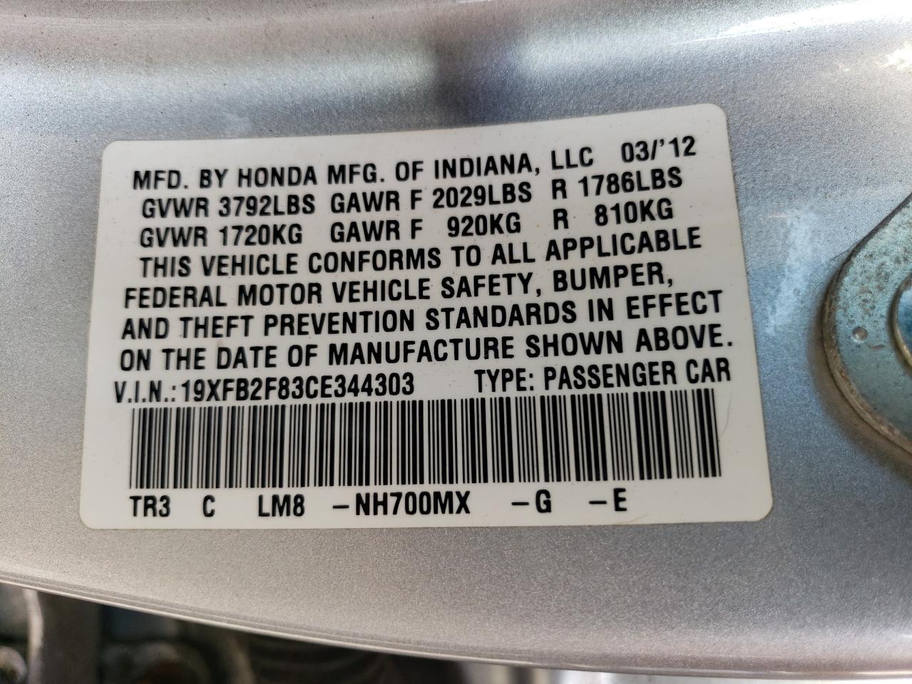 2012 Honda Civic VIN 19XFB2F83CE344303 Copart auction photo, front end damage thumbnail 13