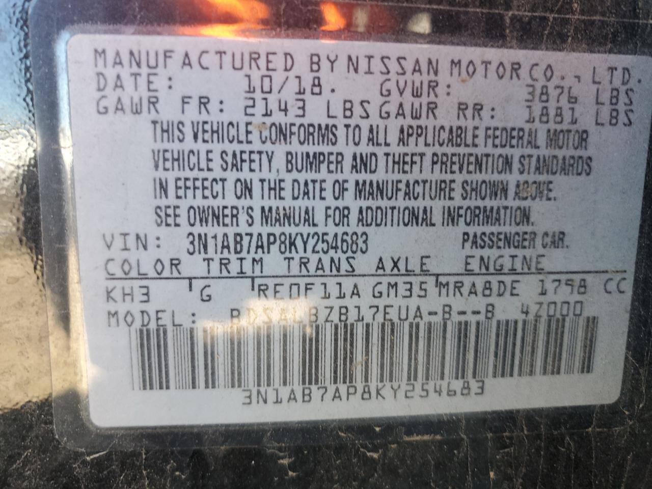 2019 Nissan Sentra VIN 3N1AB7AP8KY254683 Copart auction photo, front end damage thumbnail 15