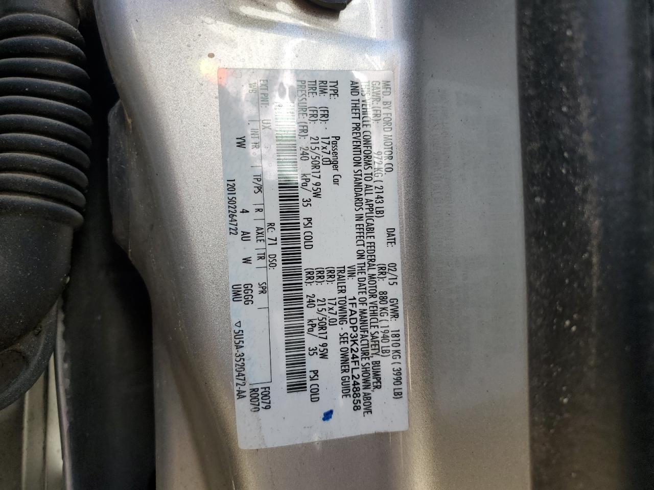 2015 Ford Focus VIN 1FADP3K24FL248858 Copart auction photo, rollover damage thumbnail 13