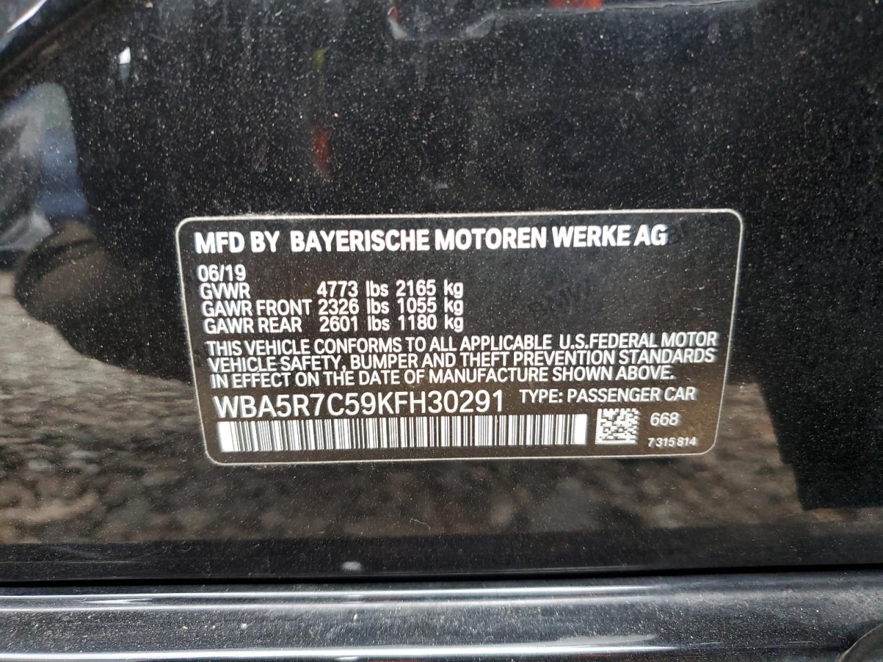 2019 BMW 3er VIN WBA5R7C59KFH30291 Copart auction photo, front end damage thumbnail 12
