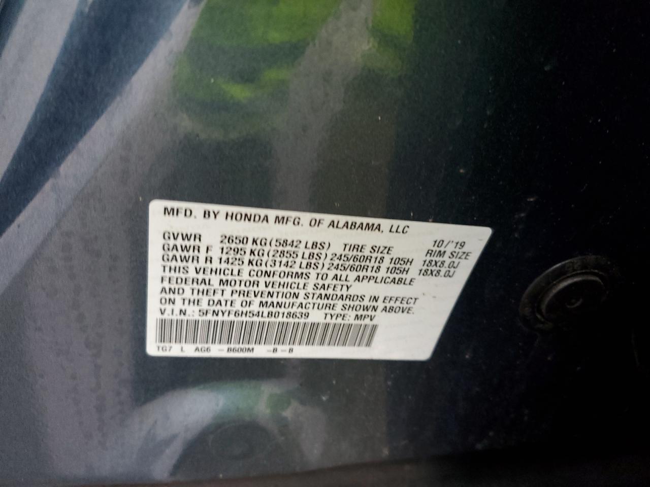 2020 Honda Pilot VIN 5FNYF6H54LB018639 Copart auction photo, front end / rear end damage thumbnail 15