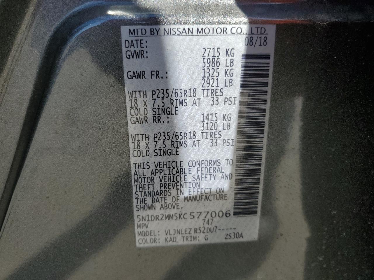 2019 Nissan Pathfinder VIN 5N1DR2MM5KC577006 Copart auction photo, front end damage thumbnail 15