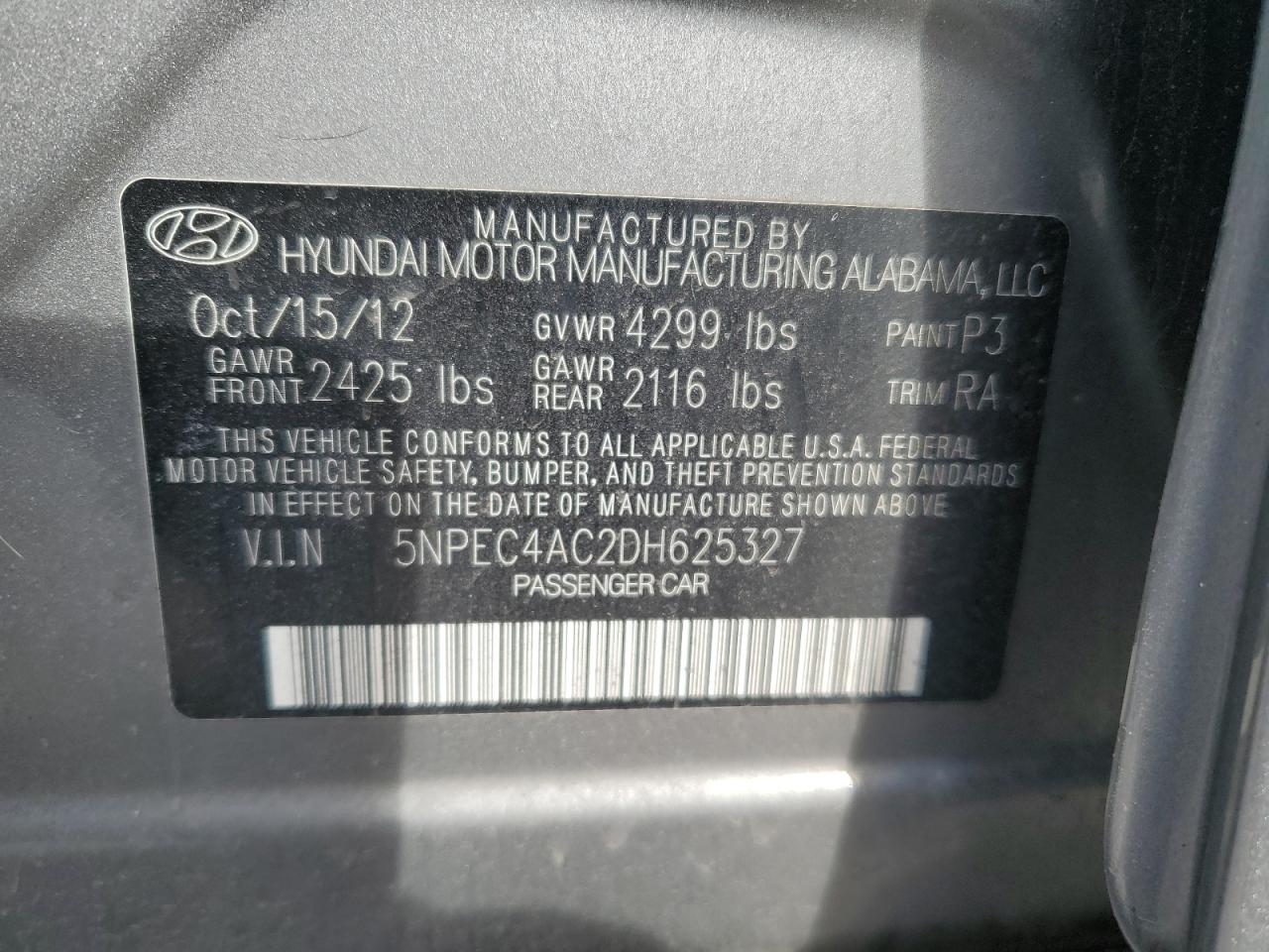 2013 Hyundai Sonata VIN 5NPEC4AC2DH625327 Copart auction photo, front end damage thumbnail 14