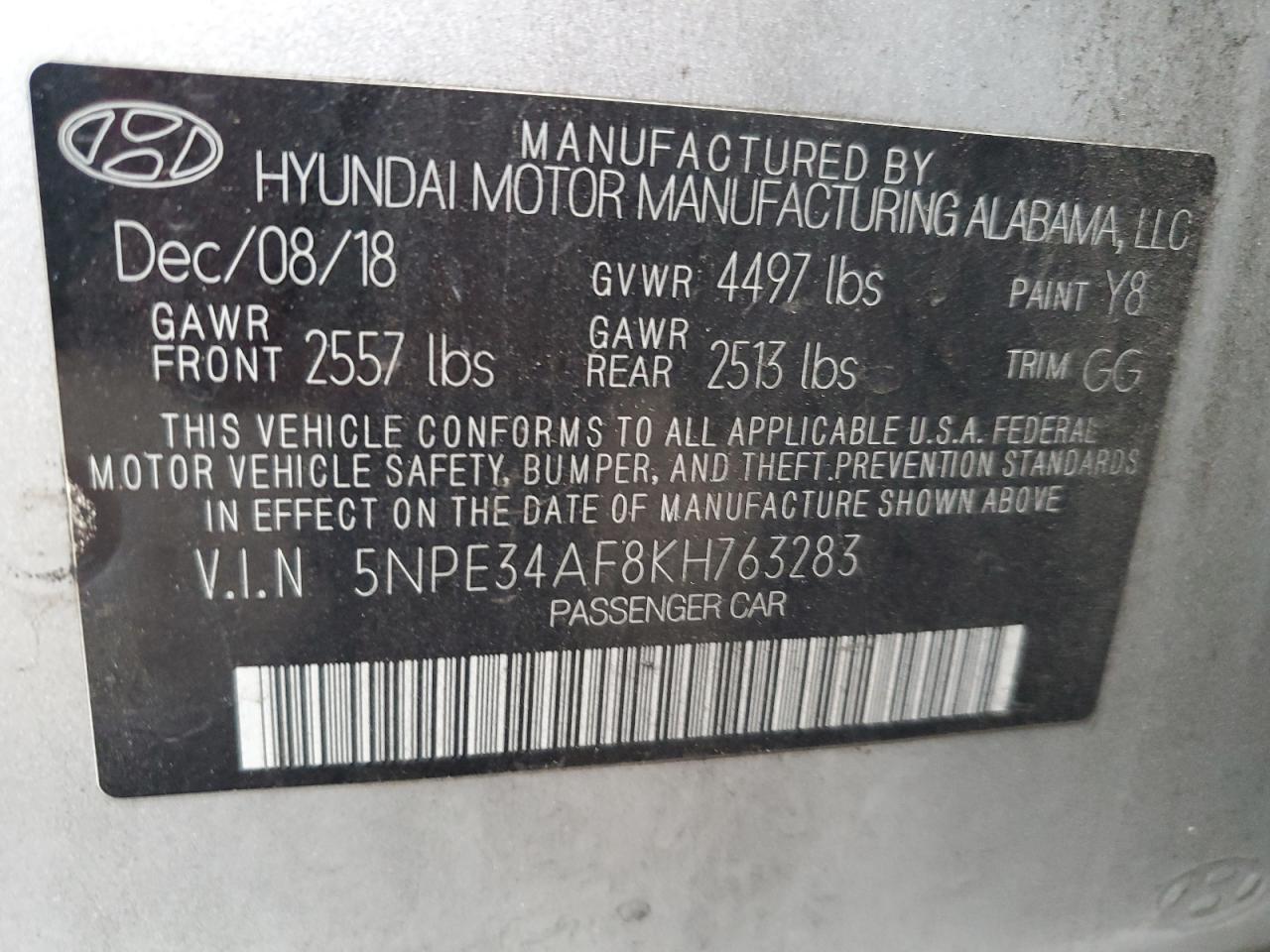 2019 Hyundai Sonata VIN 5NPE34AF8KH763283 Copart auction photo, front end / minor dent/scratches damage thumbnail 13