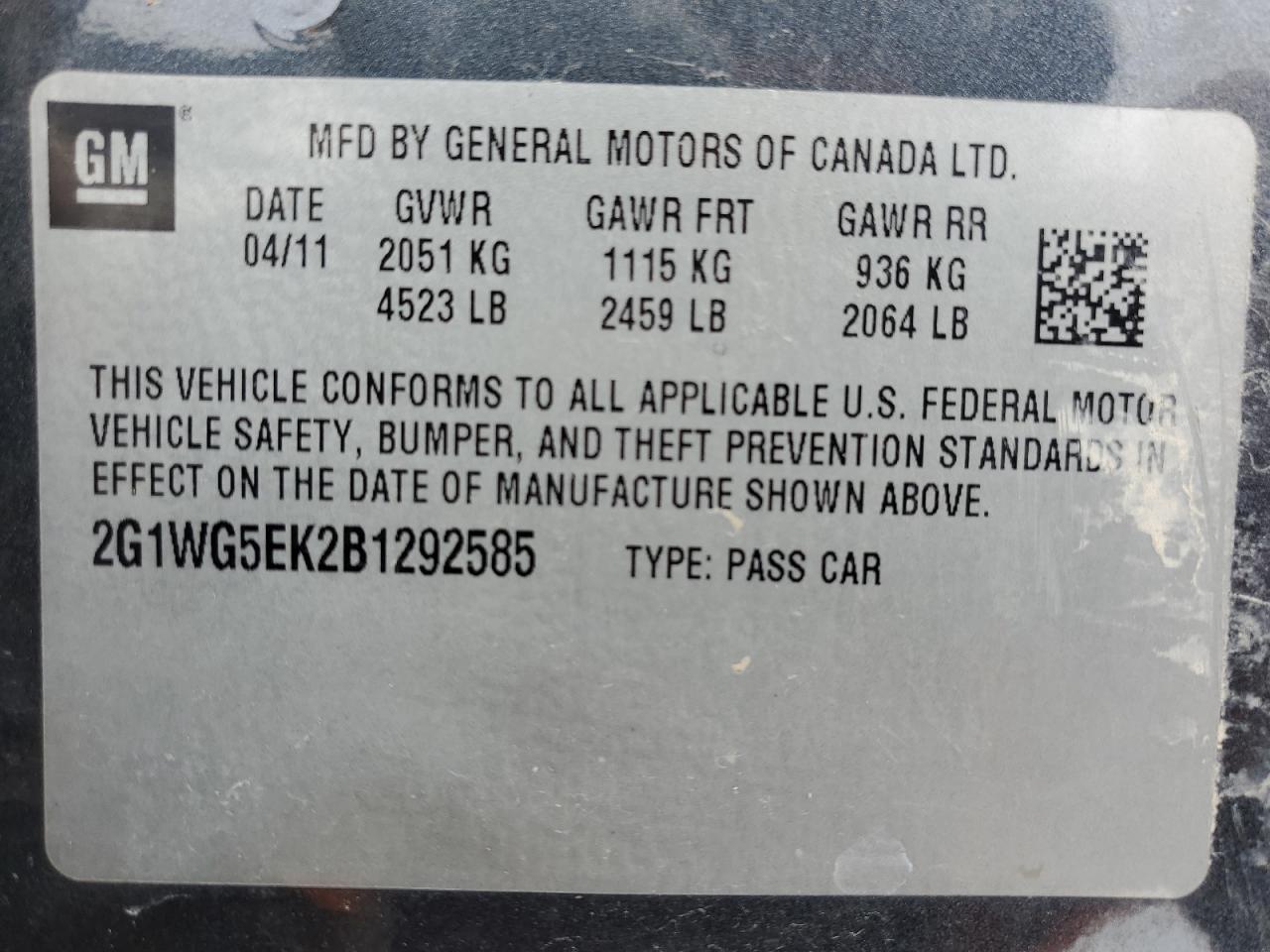 2011 Chevrolet Impala VIN 2G1WG5EK2B1292585 Copart auction photo, front end / side damage thumbnail 15
