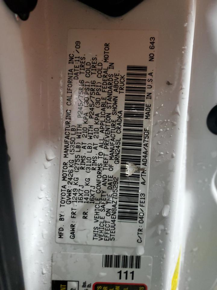 2010 Toyota Tacoma VIN 5TEUU4EN8AZ705292 Copart auction photo, rollover damage thumbnail 12