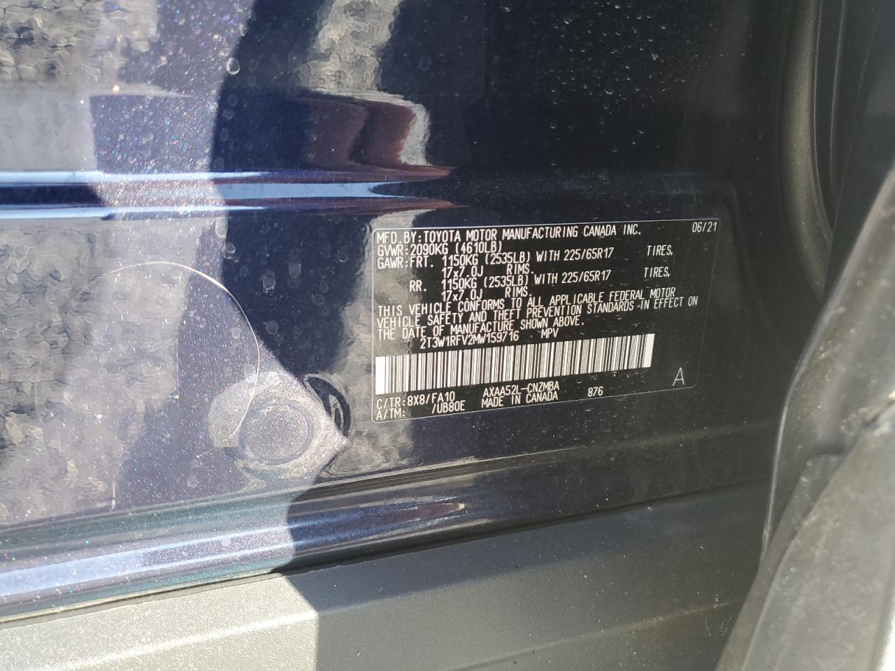 2021 Toyota RAV 4 VIN 2T3W1RFV2MW159716 Copart auction photo, front end / side damage thumbnail 15