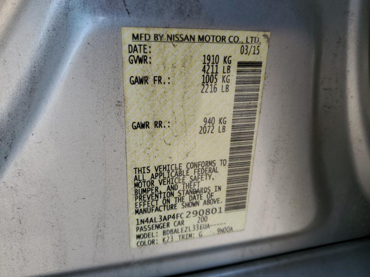 2015 Nissan Altima VIN 1N4AL3AP4FC290801 Copart auction photo, rear end / minor dent/scratches damage thumbnail 13