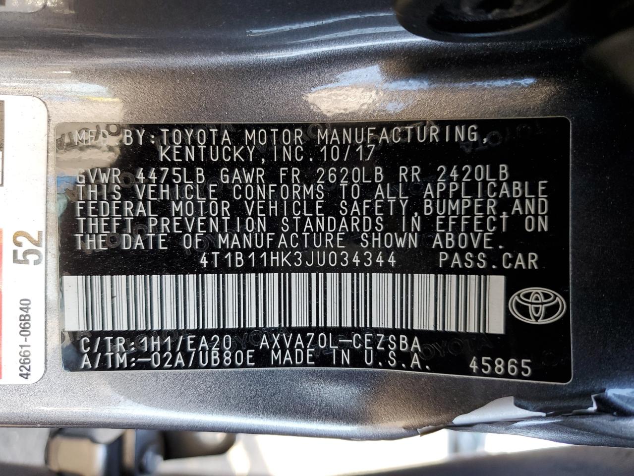 2018 Toyota Camry VIN 4T1B11HK3JU034344 Copart auction photo, side / minor dent/scratches damage thumbnail 15